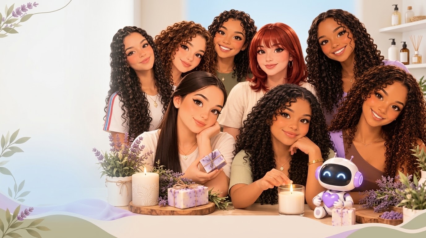 Retrato ilustrado das 8 fundadoras da Belle Fiore sorridentes, reunidas em bancada com sabonetes botânicos, velas aromáticas acesas e ramos de lavanda, com detalhes delicados de flores e folhas.